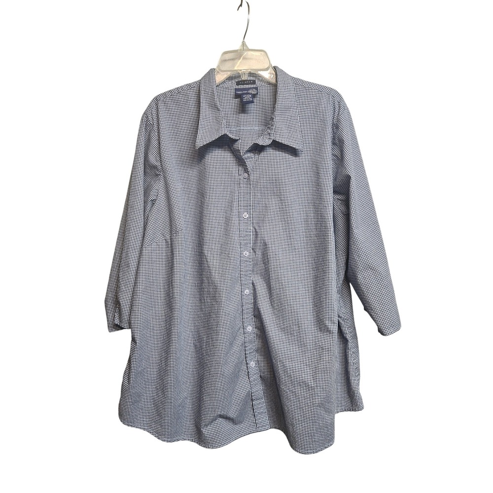 Venezia Jeans Womens Navy bl Gingham Check Stretch Button Up Shirt 26/28 3/4 Slv